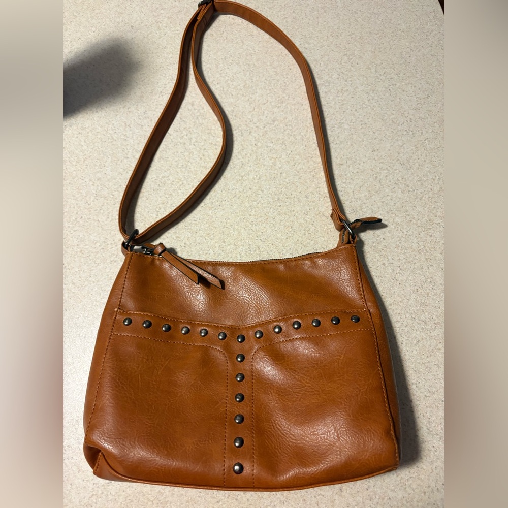 Sam & Hadley Whiskey Brown Camel Vegan Crossbody Tote Purse Bag Studded EUC